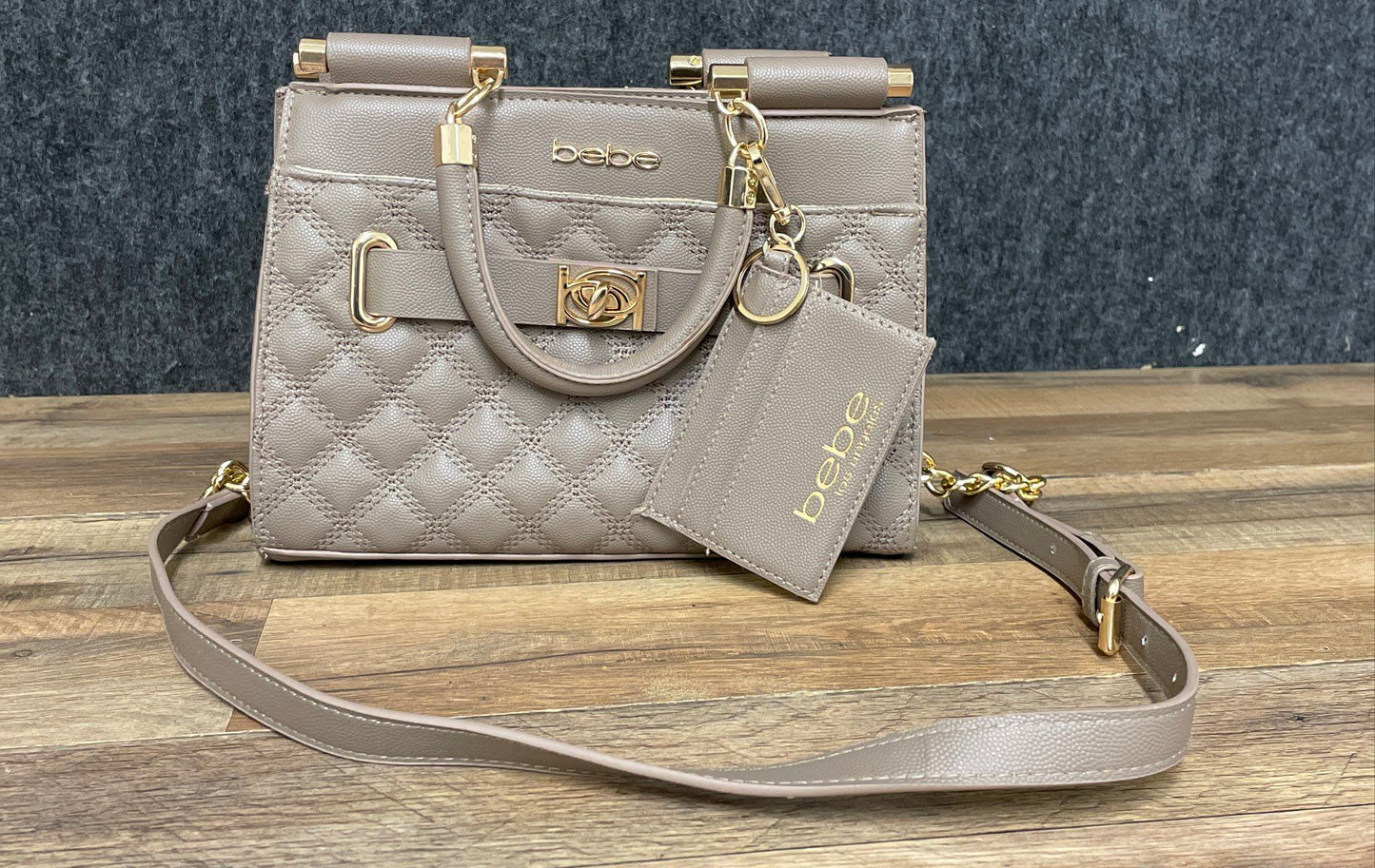 BEBE Taupe Quilted Faux Leather Satchel Crossbody Bag Gold Hardware Card Case