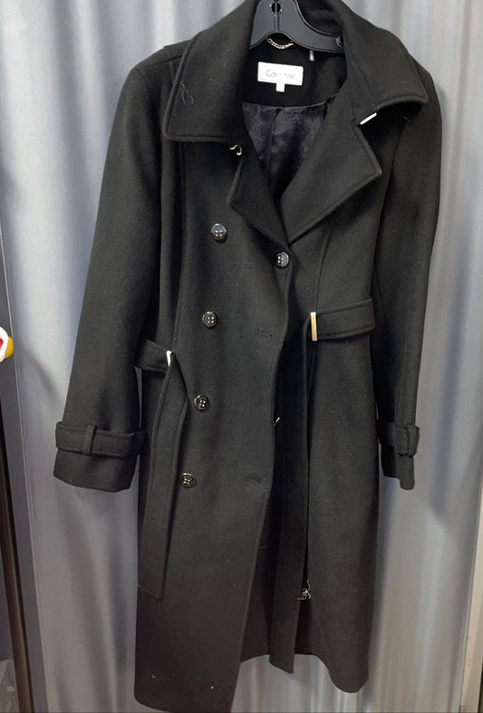 Calvin Klein Women's Black Wool Blend Double Breasted Belted Trench Coat Sz 8