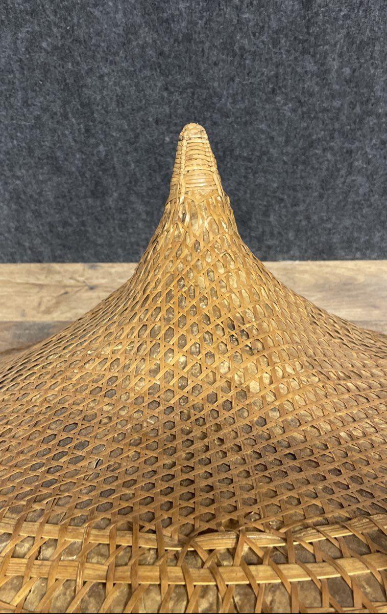 Vintage Tan Woven Bamboo Asian Conical Rice Farmer Sun Hat Large