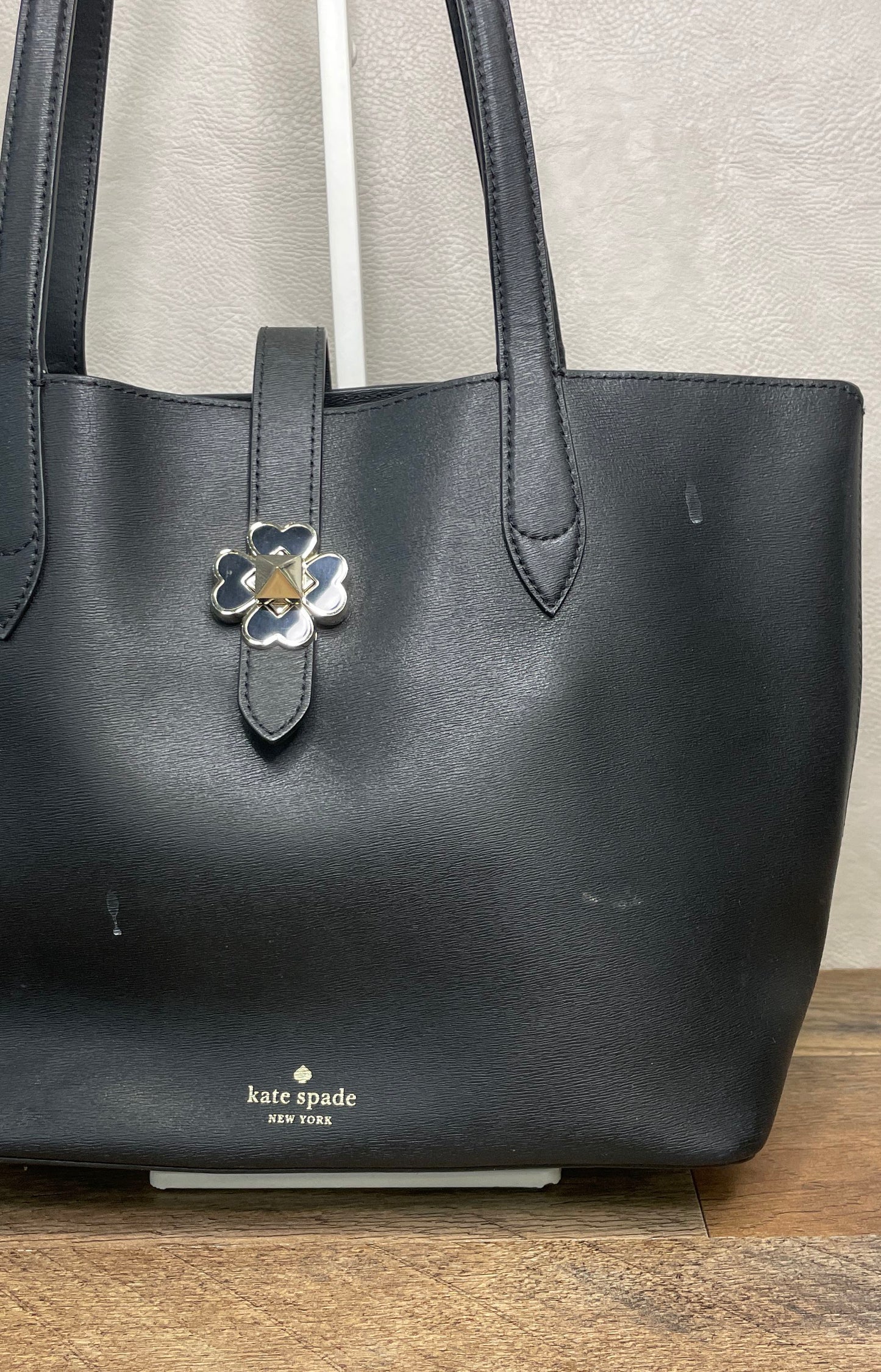 Kate Spade Black Leather Flower Twist Lock Tote Bag Pink Lining Medium