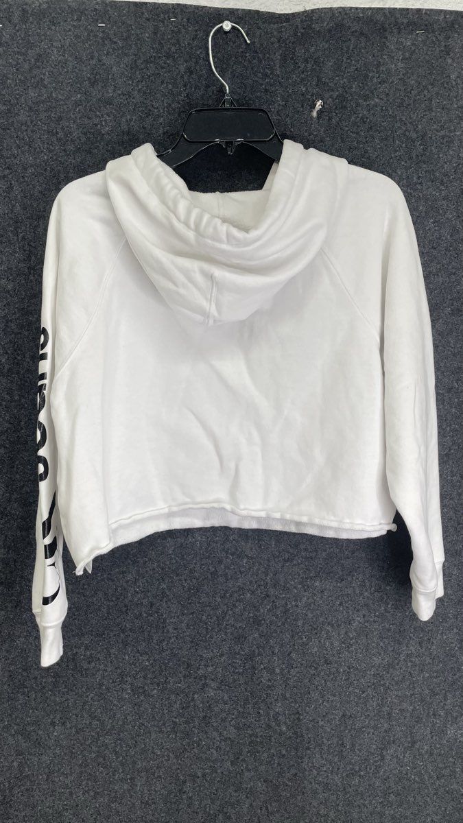 Calvin Klein Jeans Women's White Cropped Hoodie Raw Hem Logo Sleeve Sz M
