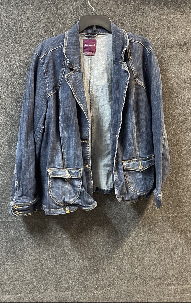 Gloria Vanderbilt Women's Blue Denim Button Front Blazer Jacket Pockets