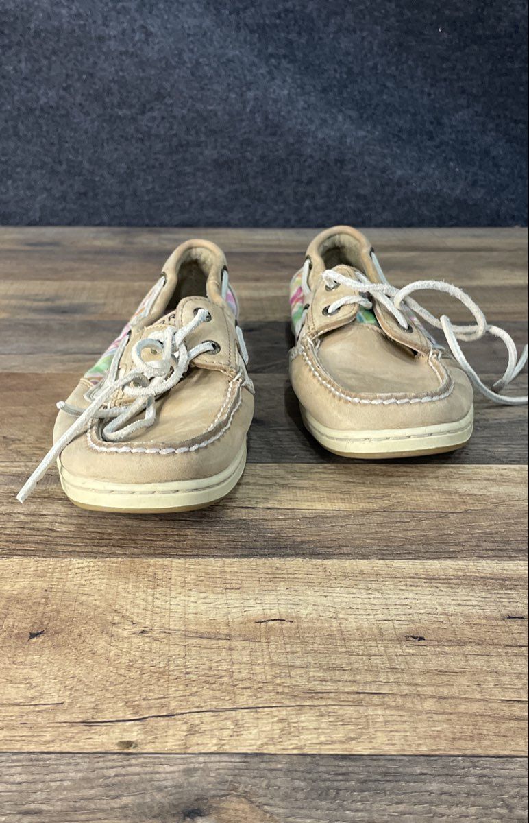 Sperry Top-Sider Bluefish Tan Leather Plaid Canvas Boat Shoes Women's Size 8