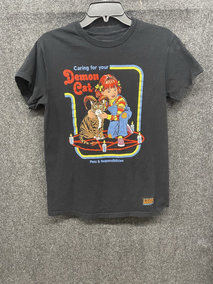 Steven Rhodes Caring for your Demon Cat Graphic T-Shirt Black Sz S