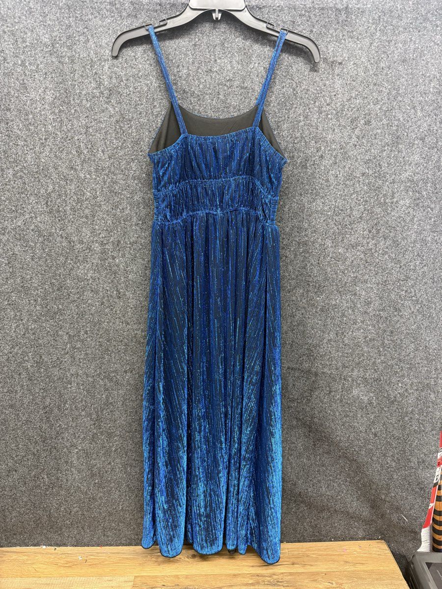 Speechless Women's Blue Metallic Maxi Dress Spaghetti Strap Pleated Sz 12