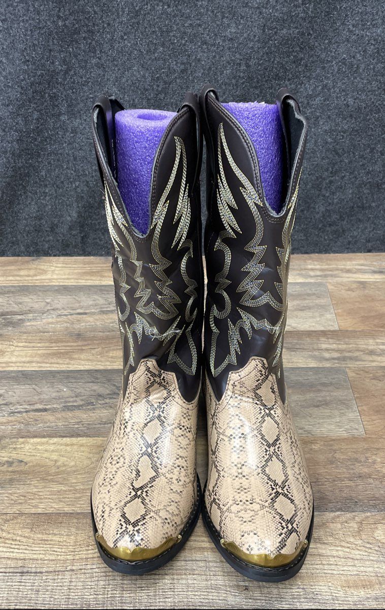 Faux Rattlesnake Print Western Cowboy Boots Gold Toe Tips Brown Size 40