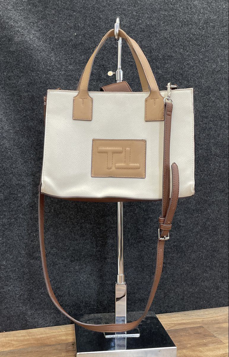 Tahari White Cream Brown Leather TL Logo Tote Crossbody Bag Removable Strap