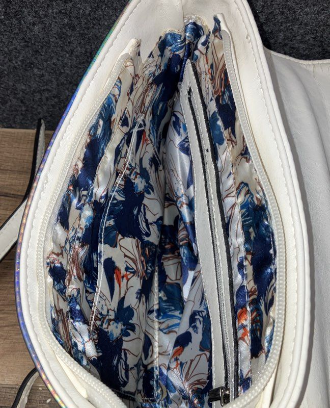 White Holographic Iridescent Crossbody Bag Faux Leather Silver Hardware Small