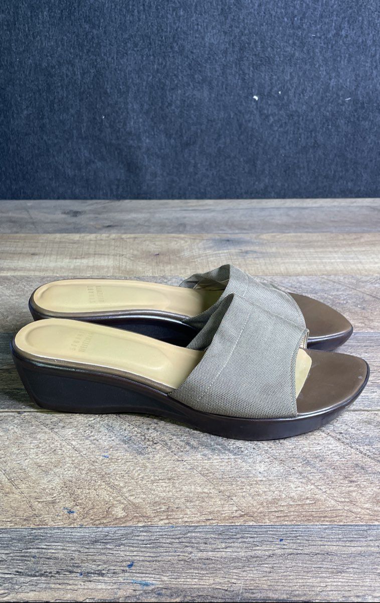 Stuart Weitzman Beige Fabric Slide On Platform Wedge Sandals Women's Size 8.5