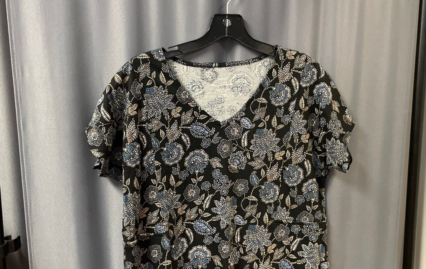 Purejill Women's Black Blue Floral V-Neck Organic Cotton T-Shirt Dress Sz S