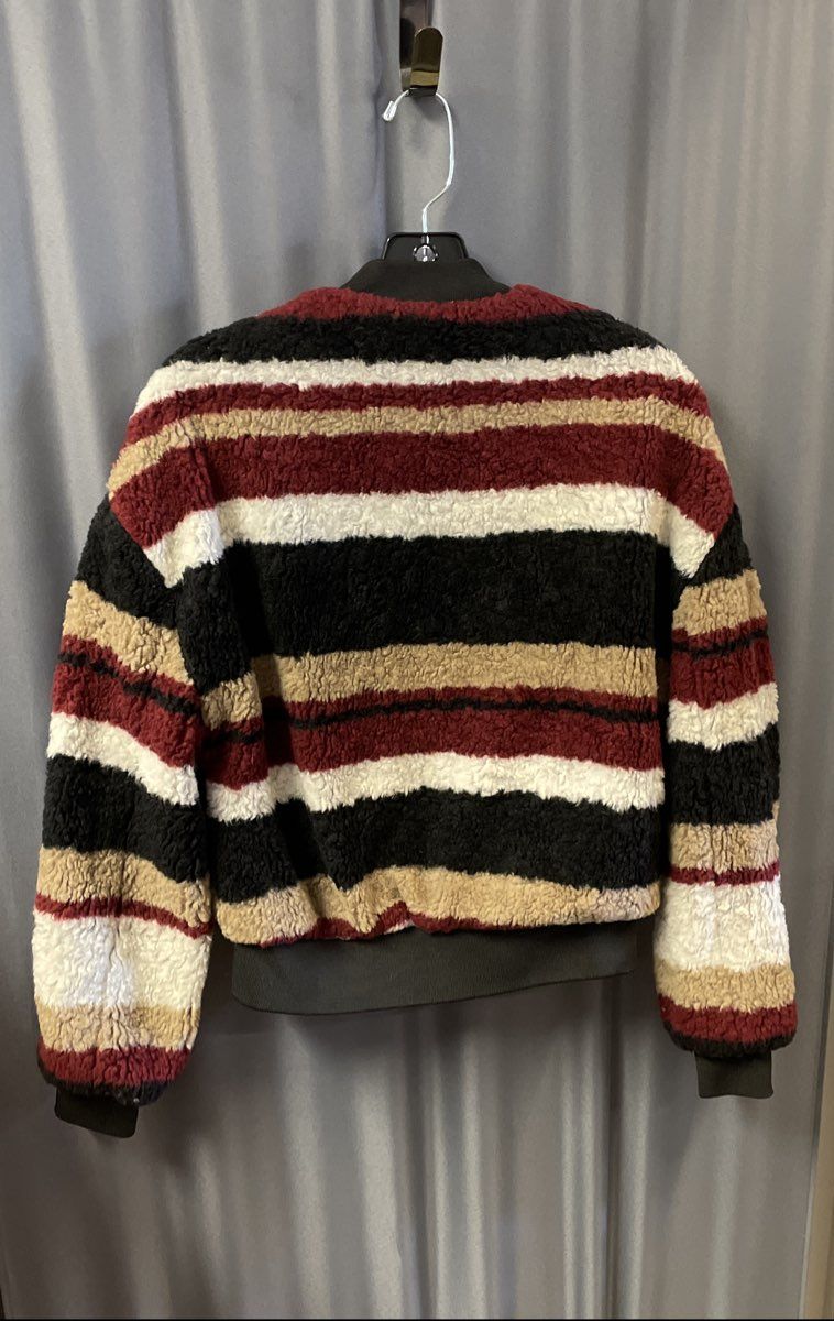 Bershka Women's Striped Zip Up Fuzzy Sherpa Jacket Ring Pull Bomber Sz S