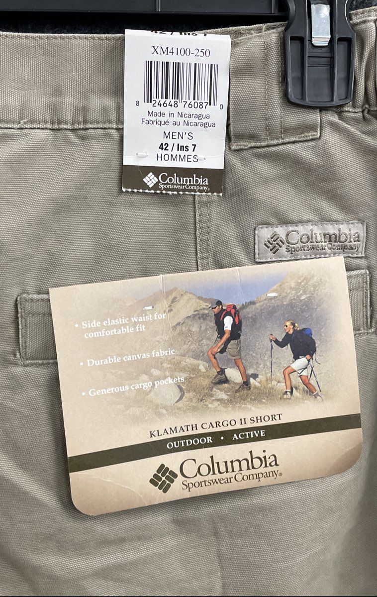 Columbia Men's Klamath Cargo II Shorts Tan Cotton Canvas NWT Sz 42 7" Inseam
