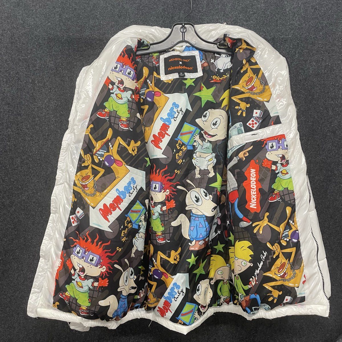 Members Only x Nickelodeon Men's White High Shine Puffer Jacket Hooded Sz M