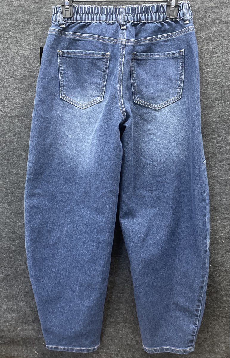 Madden NYC Women's High Rise Barrel Jeans Blue Wash Seaming Details NWT Sz S