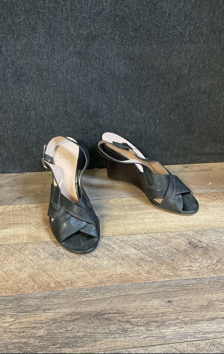 Stuart Weitzman Black Leather Cross Strap Slingback Wedge Sandals Size 8M
