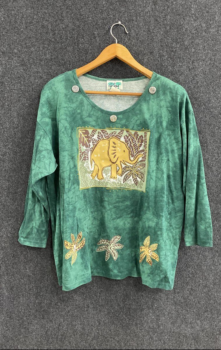 Vintage 90s Coconut Bay Women's Green Elephant Graphic Glitter Shirt Sz 3X