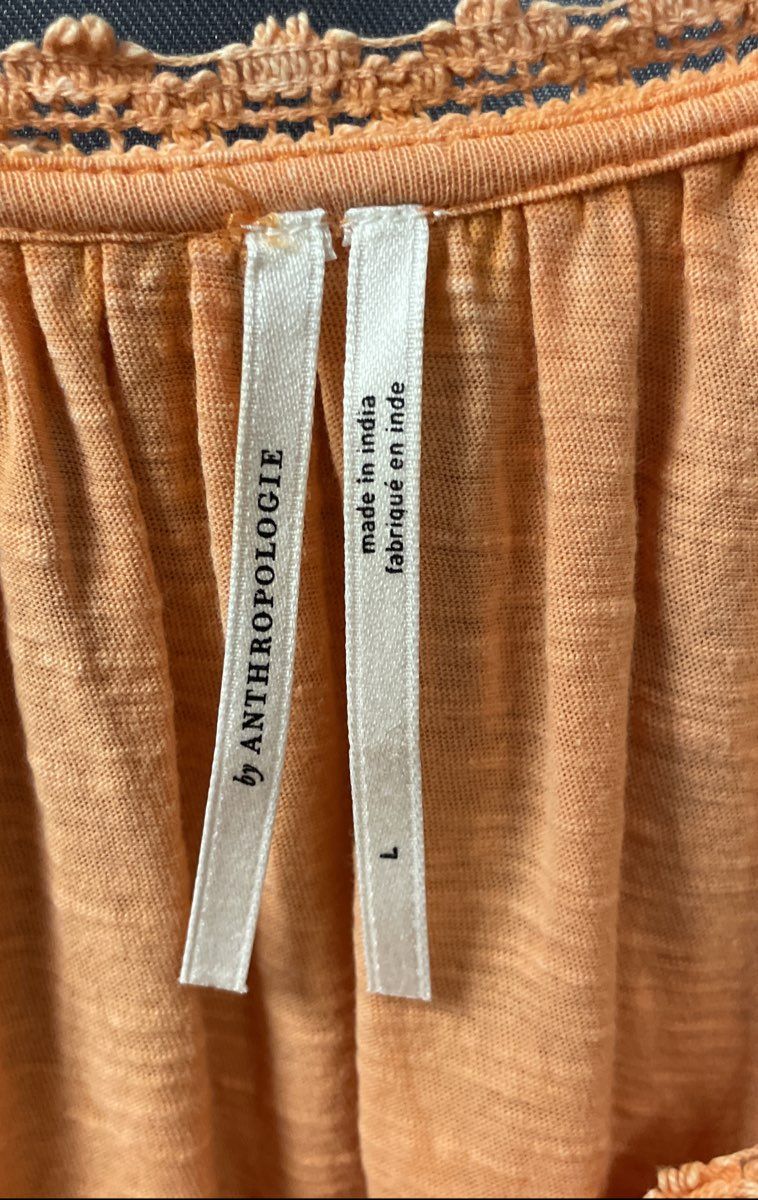 Anthropologie Women's Orange Cotton Peasant Blouse Tassel Smocked Sleeves Sz L