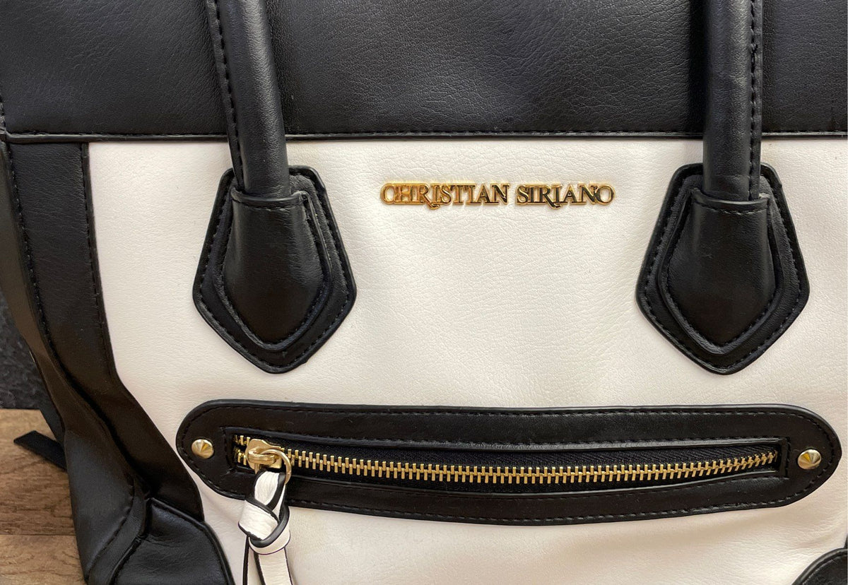 Christian Siriano Black White Faux Leather Tote Bag Large Gold Hardware