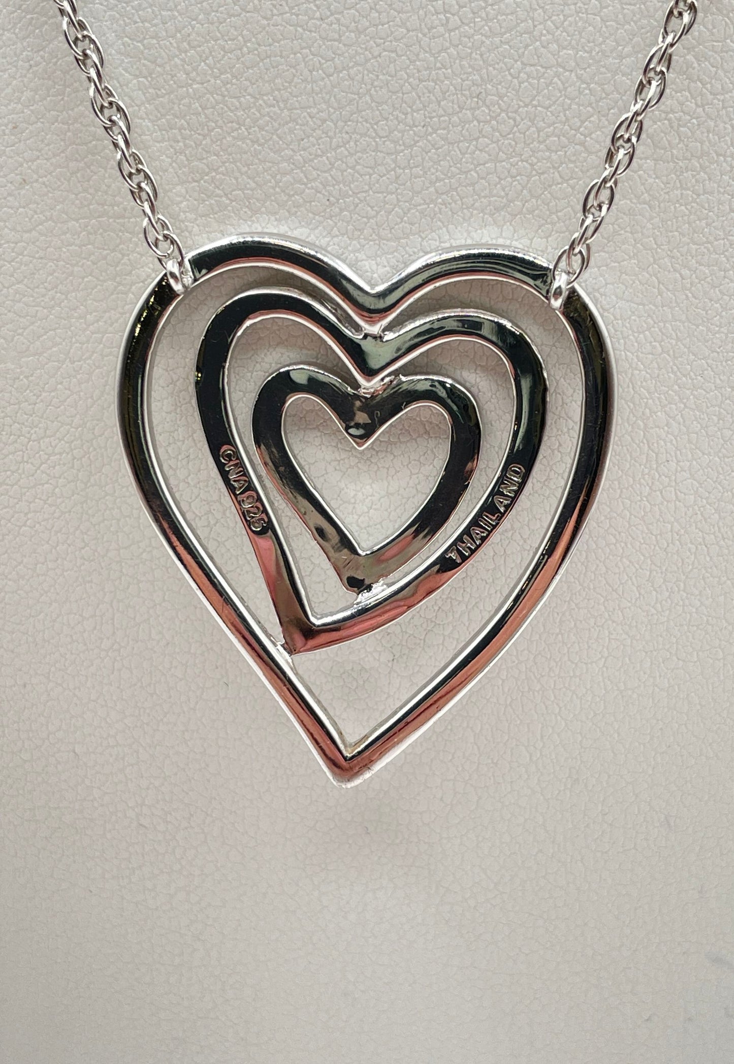 925 Sterling Silver Triple Heart Marcasite Accent Pendant Necklace 8.6g
