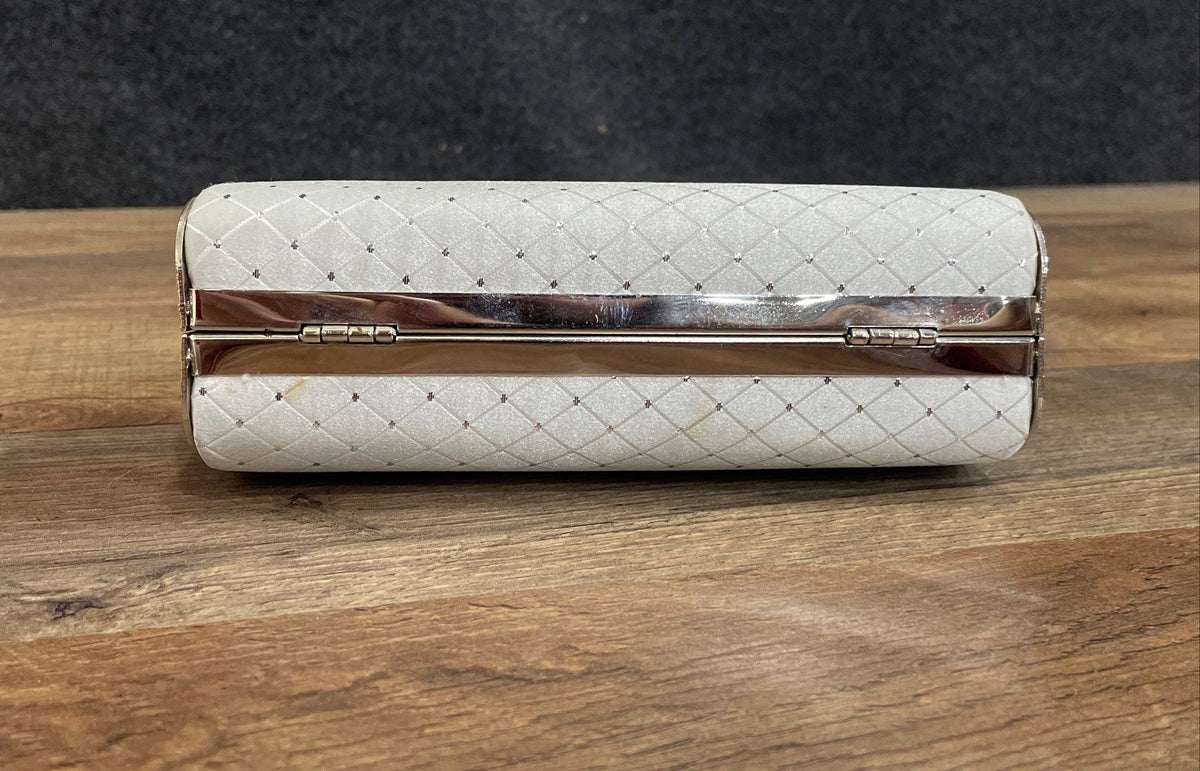 Unbranded White Fabric Quilted Evening Clutch Bag Rhinestone Clasp Greek Key