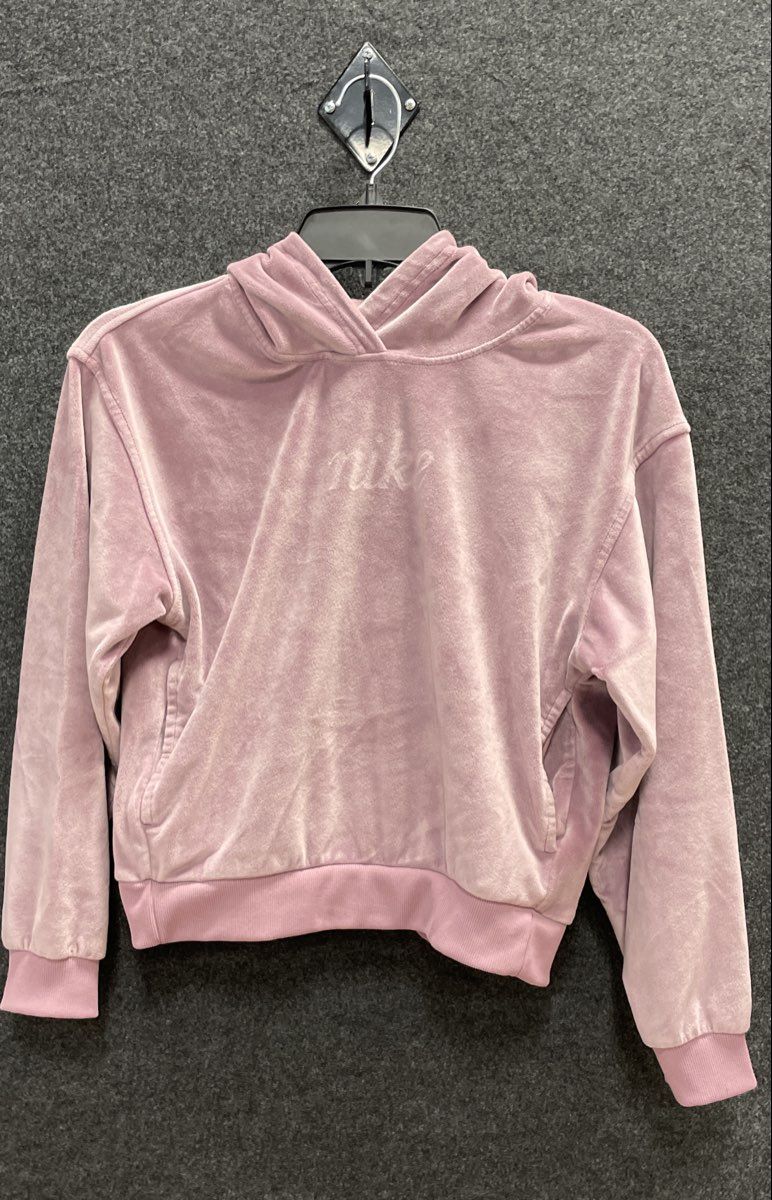 Nike Women's Sportswear Velour Pullover Hoodie Mauve Pink Cursive Logo Sz L