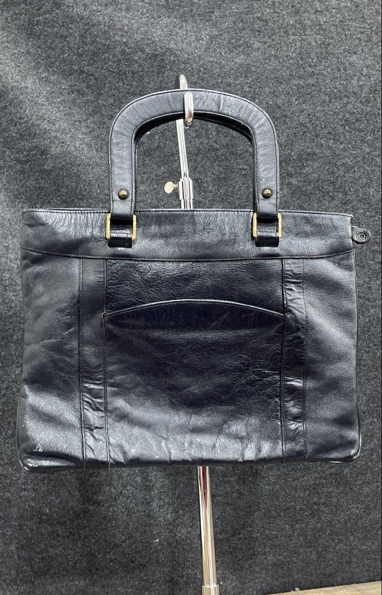 Vintage Navy Blue Leather Slim Top Handle Satchel Purse Handbag Unbranded
