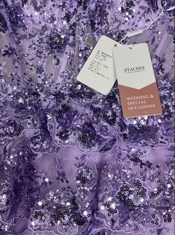 Stacees Women's Lilac Sequined Floral Lace Tiered Corset Back Mini Dress NWT 0
