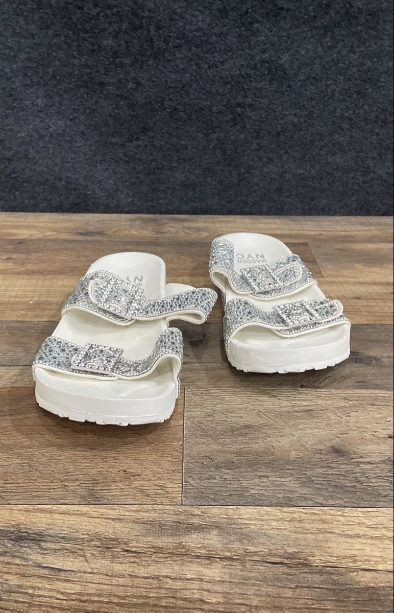 Madden NYC White Rhinestone Double Strap Footbed Slide Sandals Women's Size 8