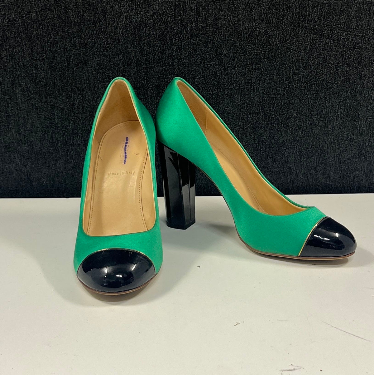 J.Crew Faded Jade Green Black Patent Cap Toe Block Heel Pumps Size 6