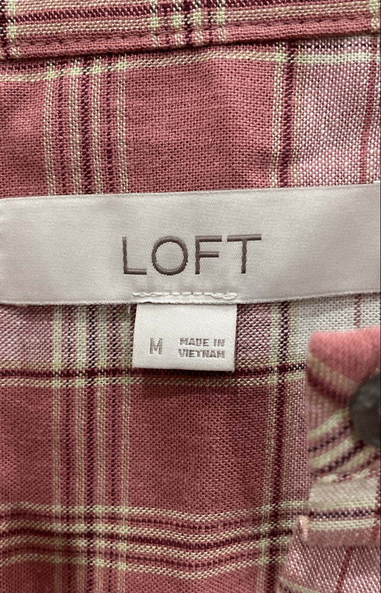 LOFT Women's Pink Plaid Rayon Linen Pintuck Popover Blouse Ruffle Cuff Sz M