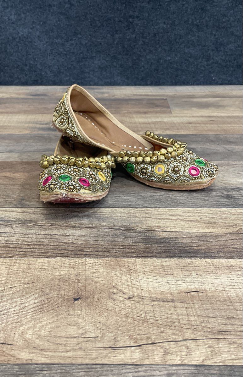 Traditional Indian Juttis Khussa Mojari Beige Gold Mirror Work Ghungroo Size 13