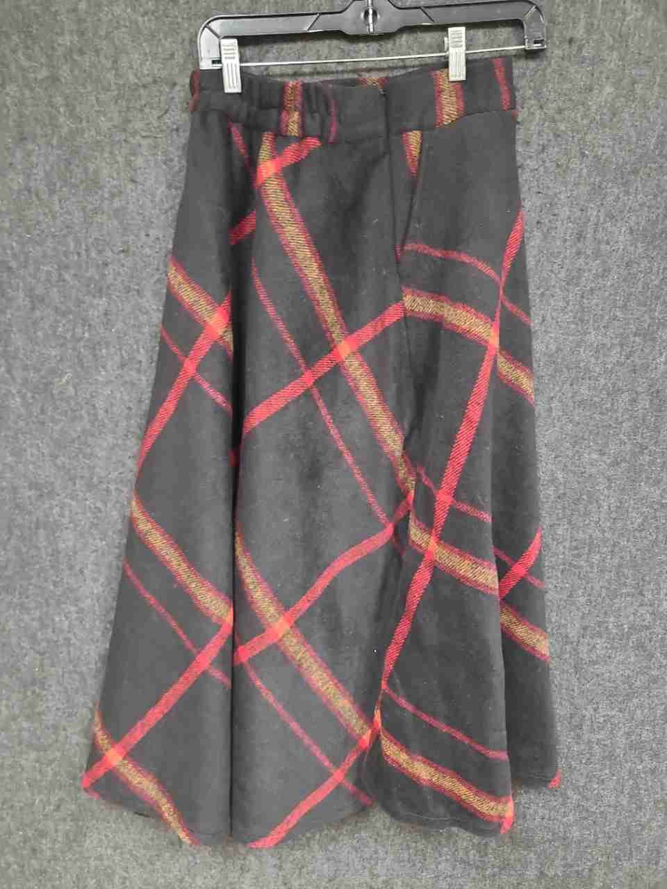 Tanming Women's Black Red Plaid Wool Blend A-Line Midi Skirt NWT Sz M