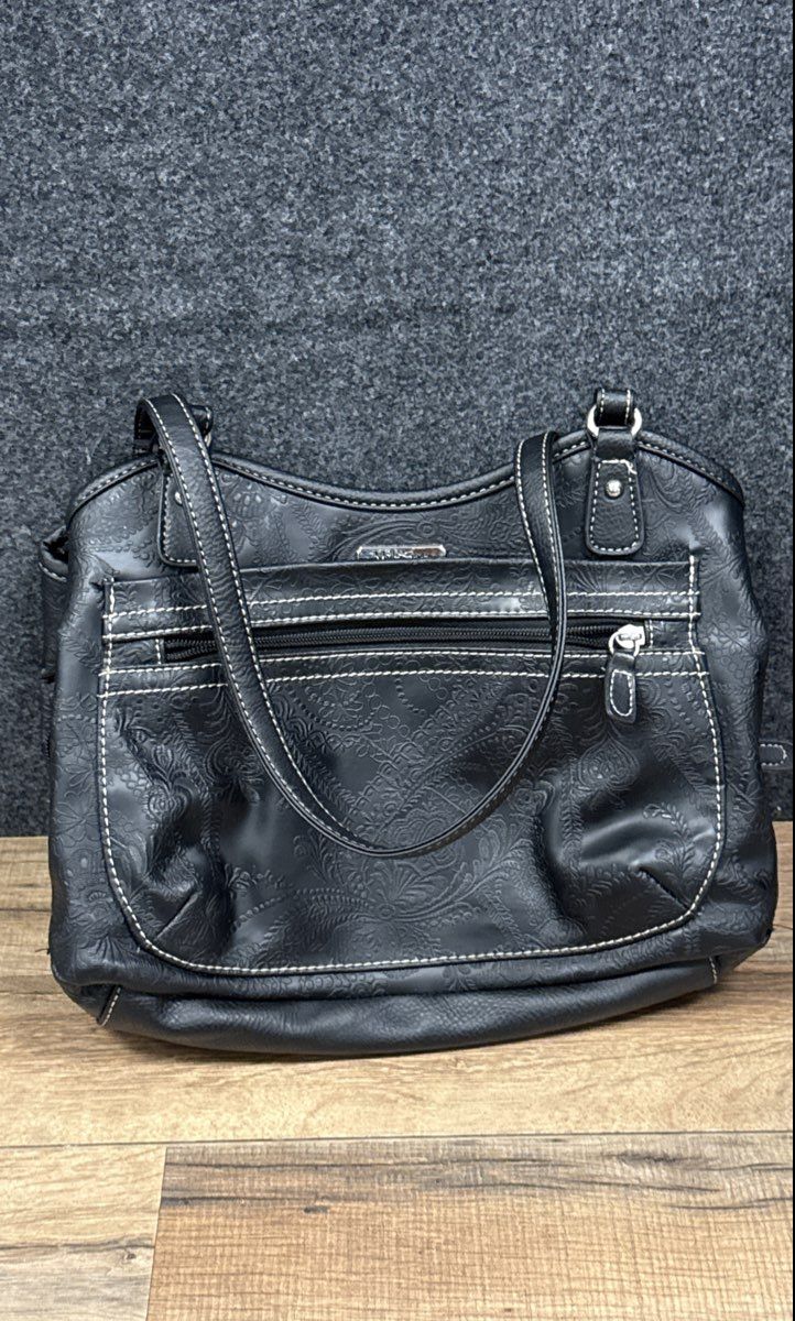 MultiSac Black Embossed Paisley Faux Leather Triple Compartment Shoulder Bag