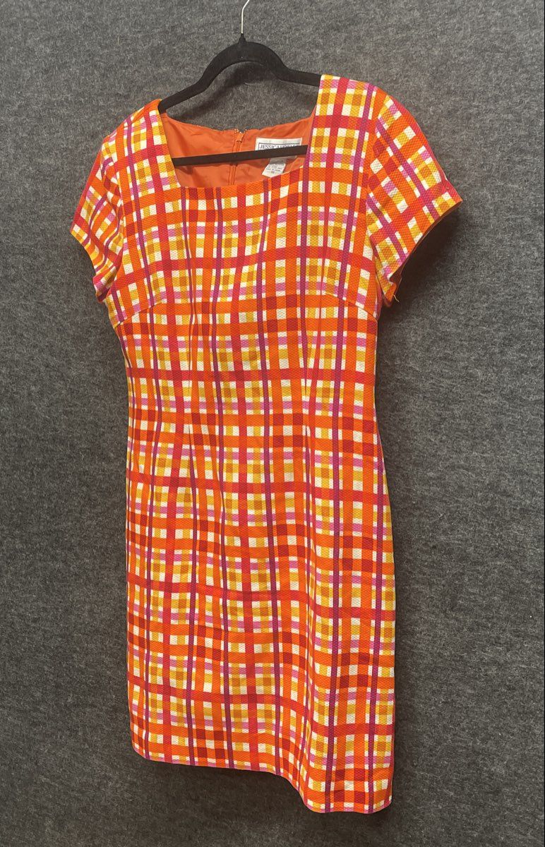 Jessica Howard Women's Vintage 90s Orange Plaid Cotton Sheath Dress Sz 10
