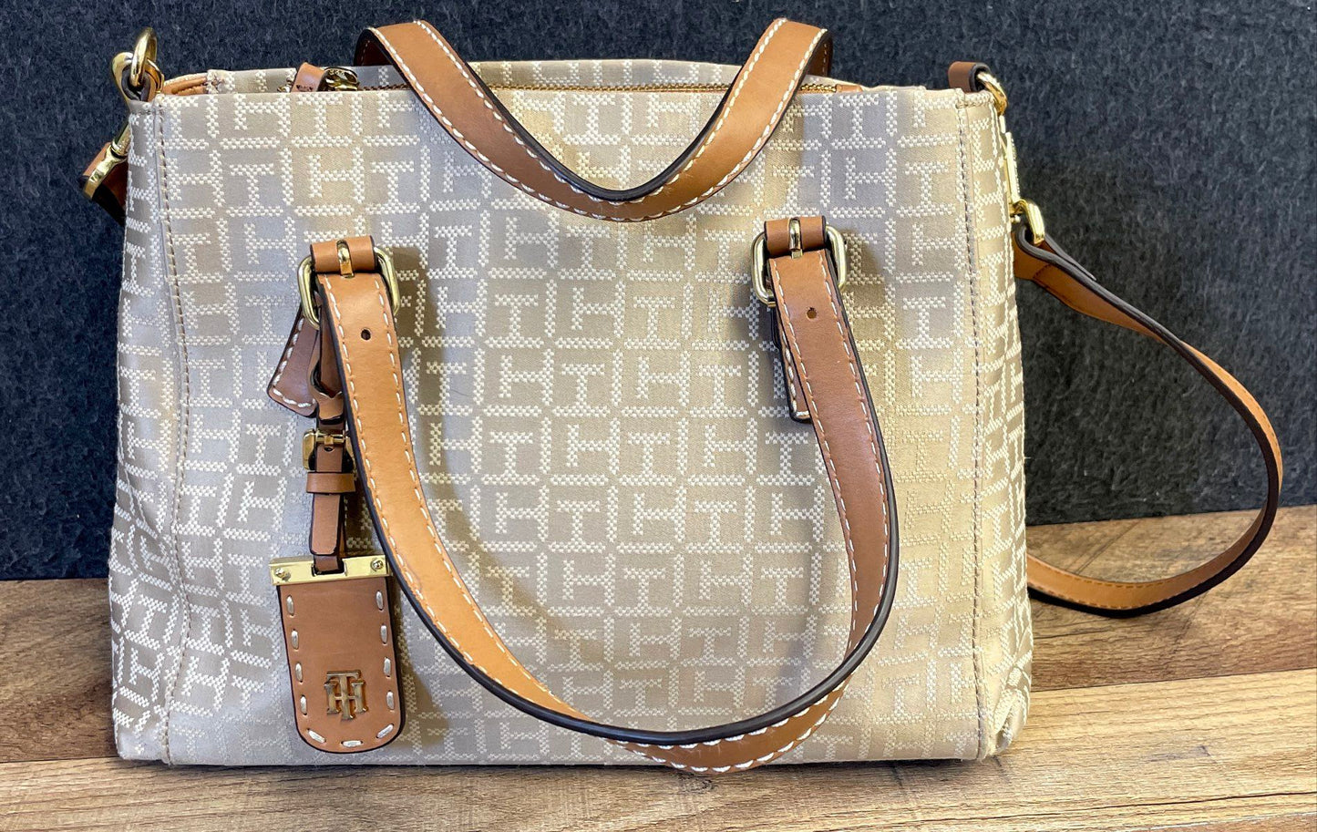 Tommy Hilfiger Tan Monogram Jacquard Crossbody Tote Bag Gold Tone Hardware