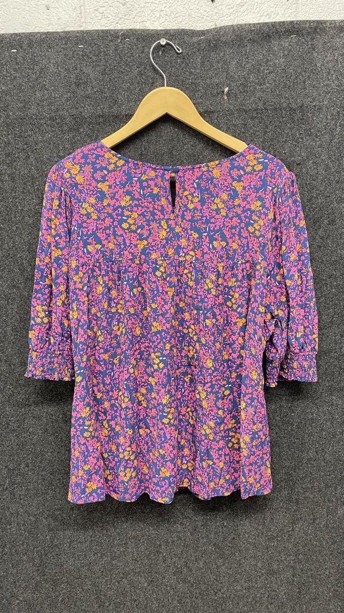 Terra & Sky Women's Blue Pink Floral Smocked Rayon Blouse Puff Sleeve Sz 2XL