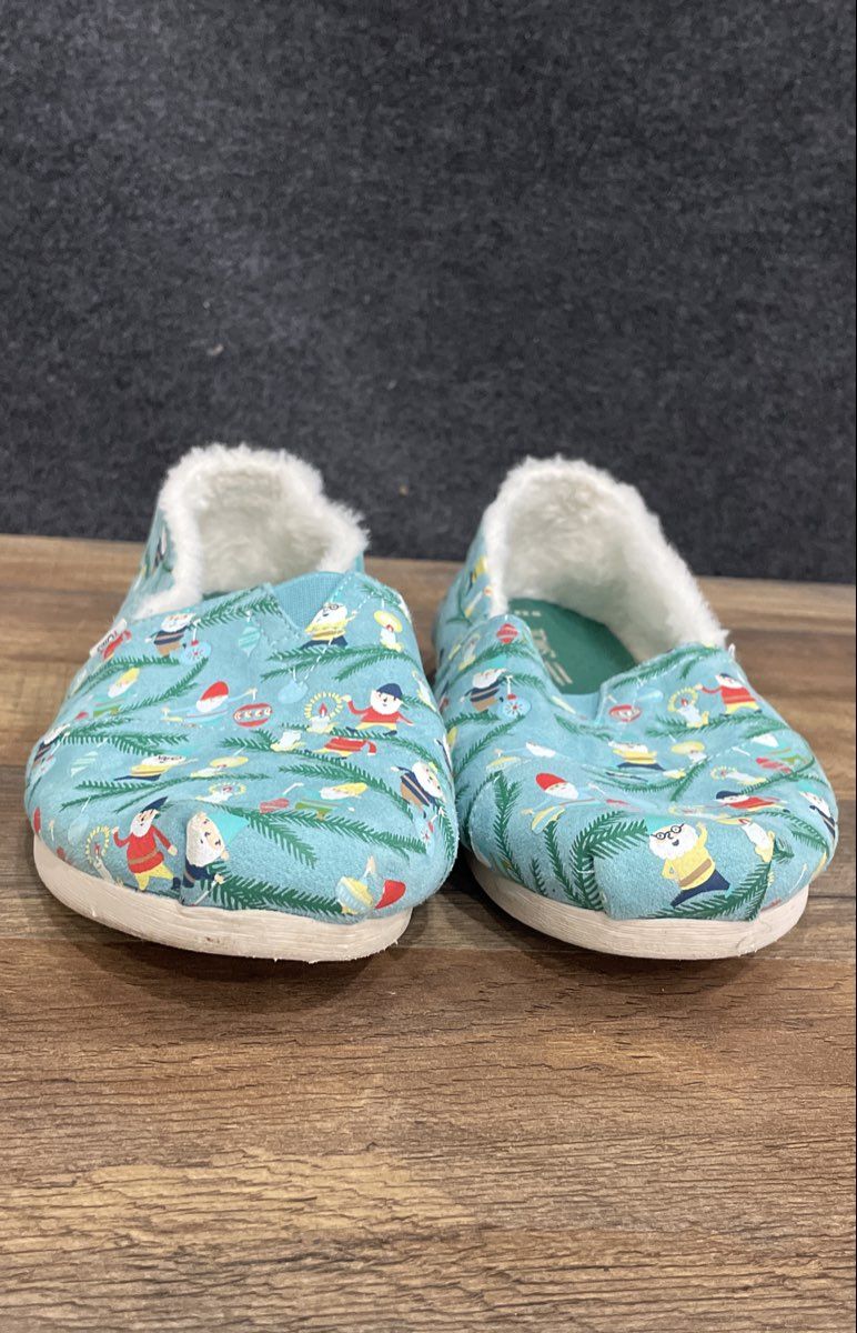 TOMS Alpargata Christmas Gnomes Blue Faux Fur Lined Slip On Women's Size 9.5