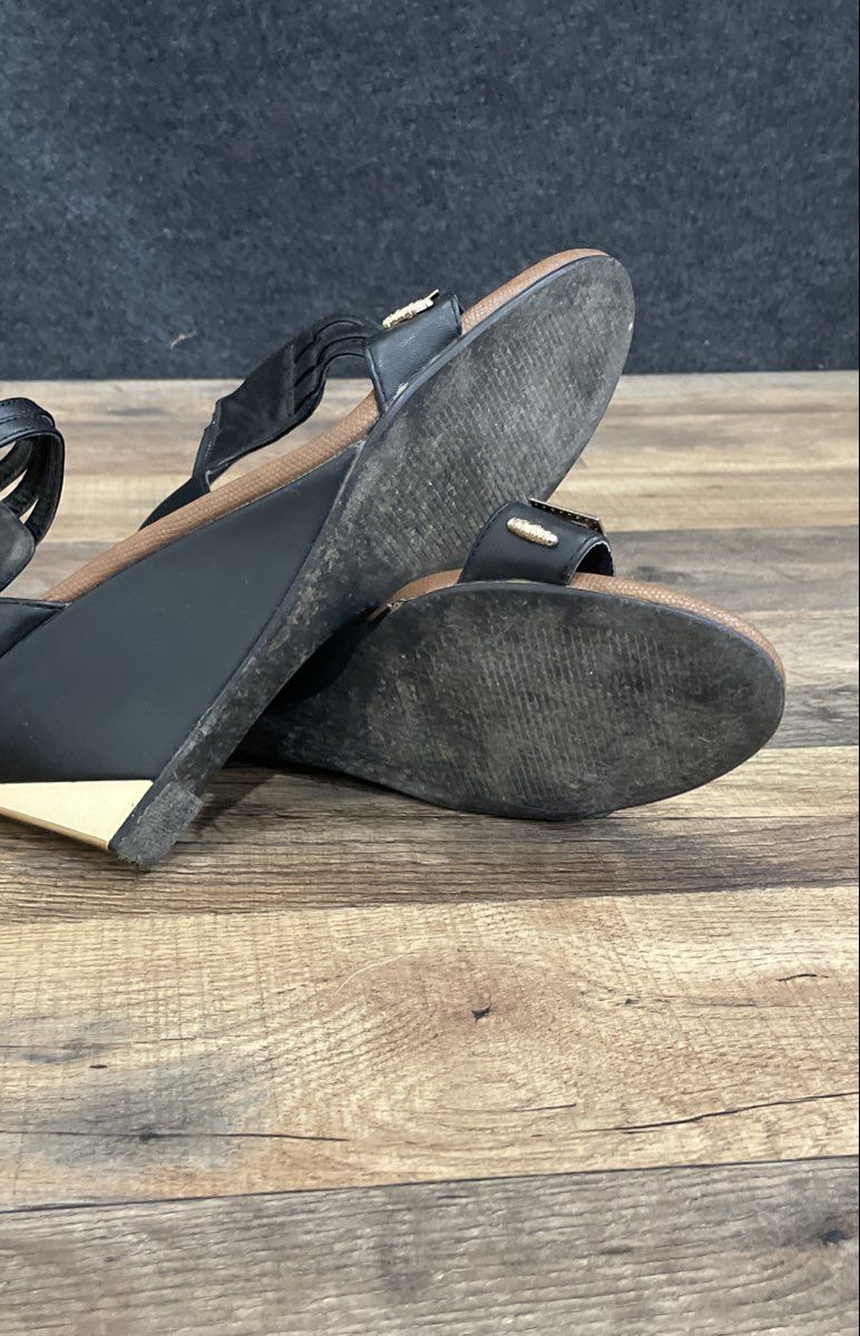 Hot Tomato Black Gold Embellished Ankle Strap Wedge Sandals Women's Size 10M