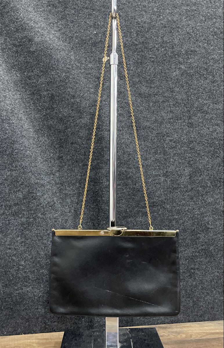 Vintage 1960s Etra Black Leather Slim Frame Clutch Shoulder Bag Gold Chain