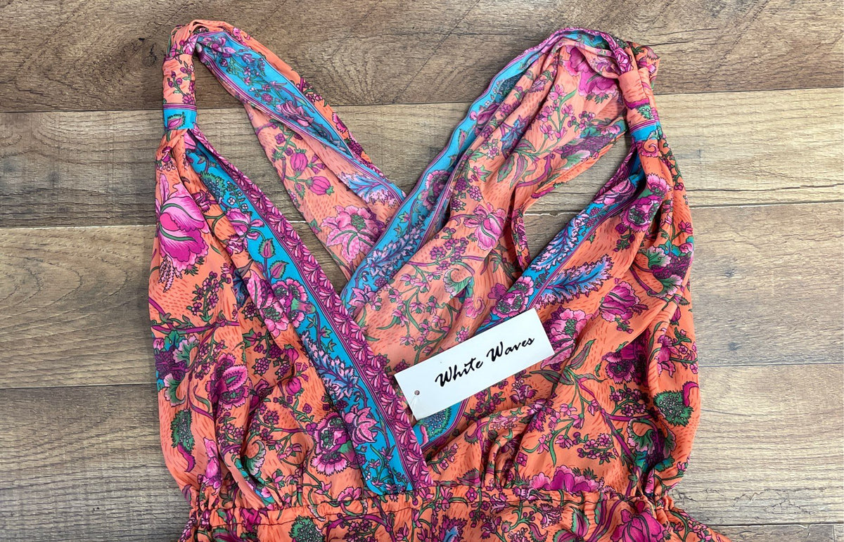 White Waves Women's Orange Multi Floral Boho Plunging V-Neck Maxi Dress M NWT