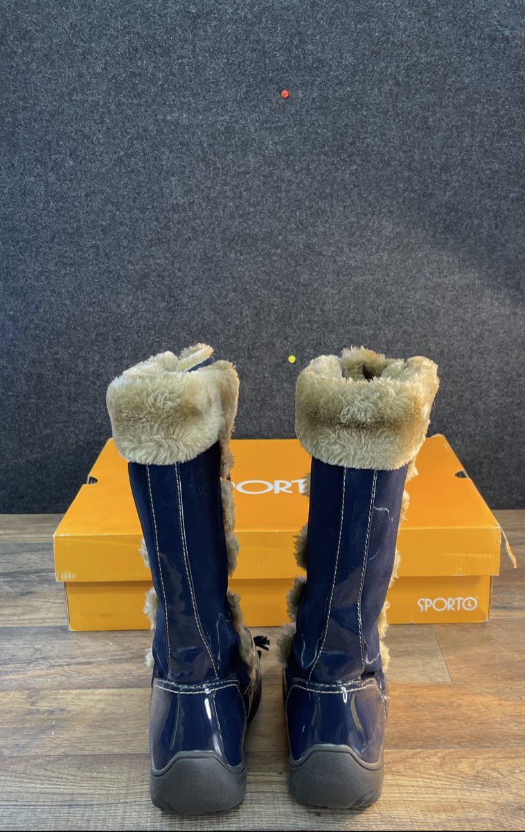 Sporto Navy Blue Patent Faux Fur Tassel Winter Snow Boots Women's Size 11