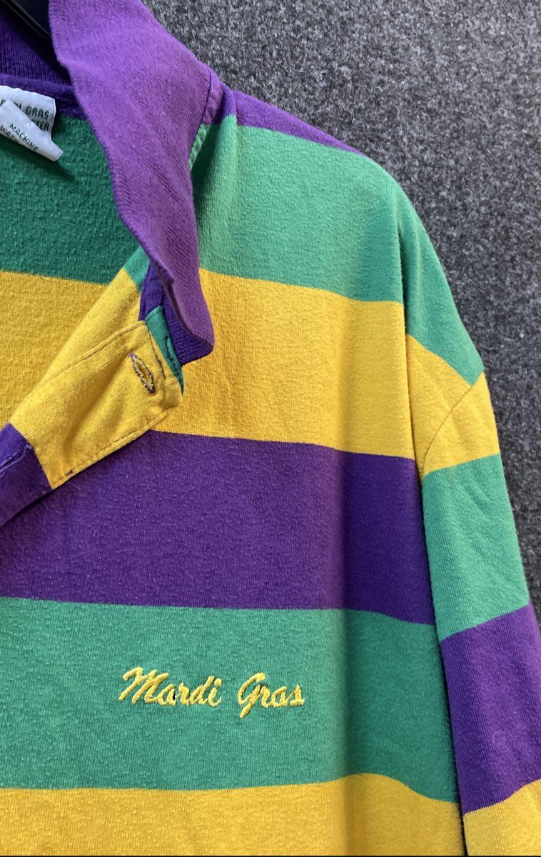 Vintage 90s Mardi Gras Men's Striped Polo Shirt Purple Green Gold Sz XXL