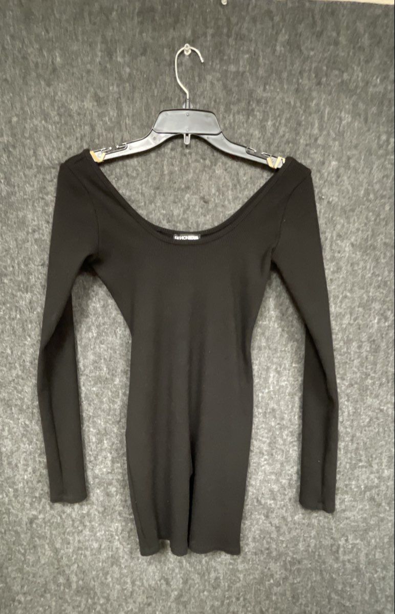 Fashion Nova Women's Black Ribbed Long Sleeve Scoop Neck Bodysuit S
