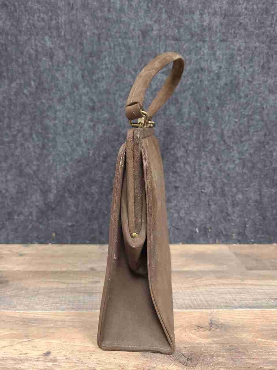 Vintage 1950s Brown Suede Leather Stripe Top Handle Frame Bag Handbag