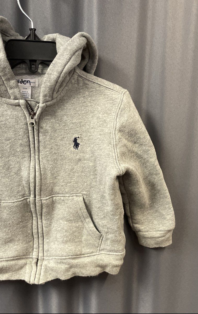 Polo Ralph Lauren Toddler Gray Full Zip Hoodie Navy Pony Logo Sz 24T