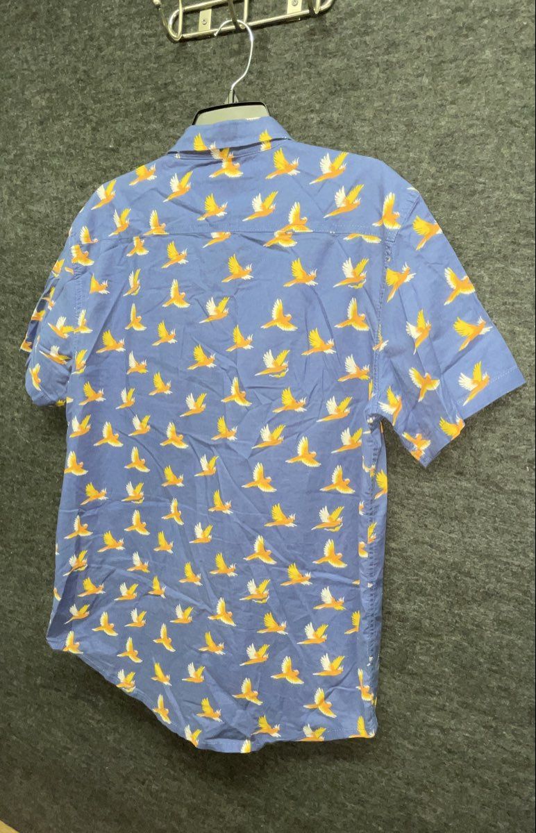 Quiksilver Men's Blue Parrot Bird Print Short Sleeve Button Up Modern Fit Sz L