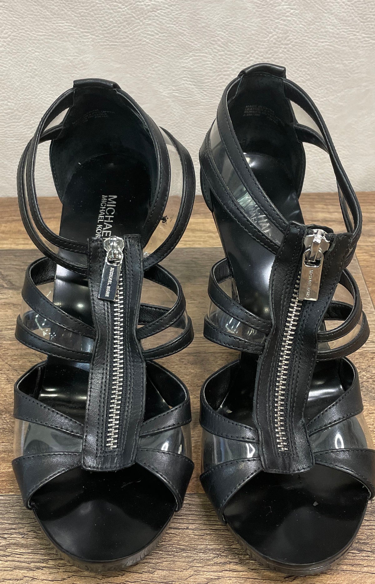 Michael Kors Black Leather PVC Strappy Front Zip Heeled Sandals Size 8.5