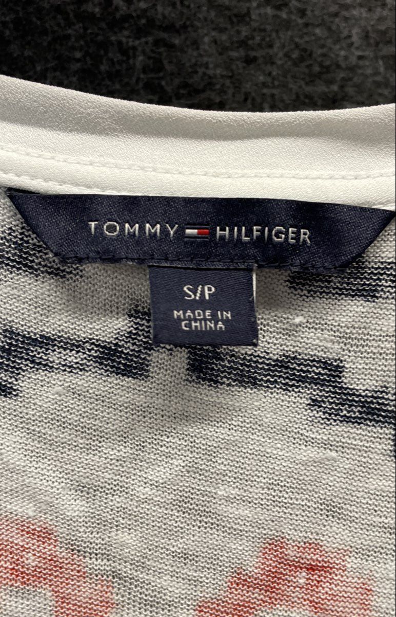 Tommy Hilfiger Women's White Blue Orange Ikat Print Layered Hem Top Sz S