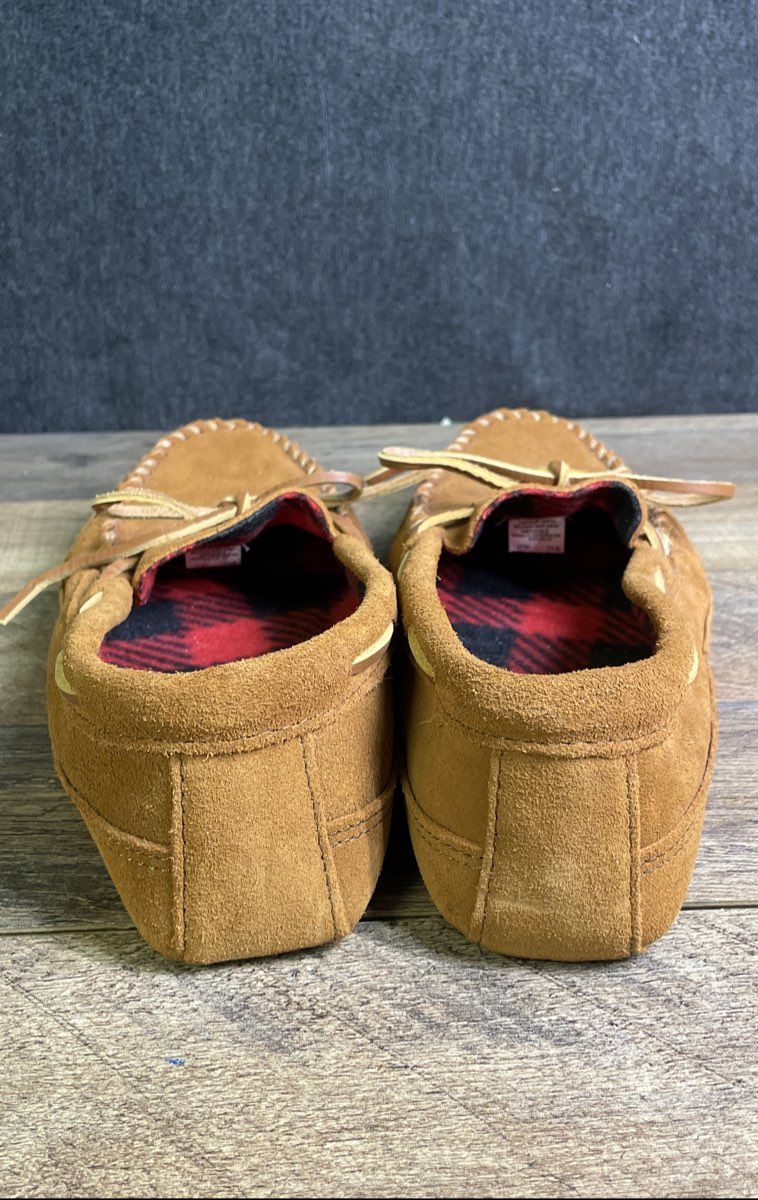 Minnetonka Men's Double Bottom Fleece Brown Suede Moccasin Slippers Size 11.5