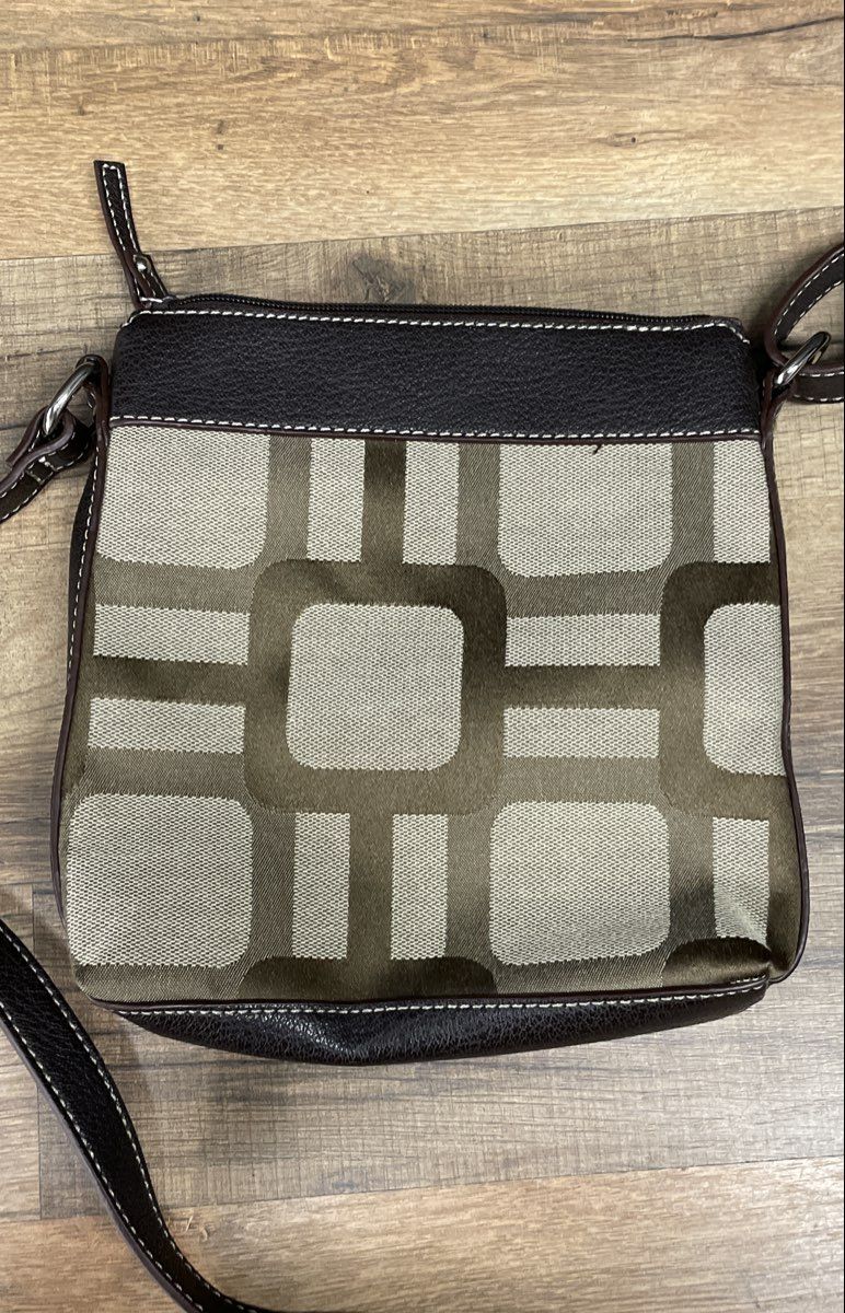 Nine West Brown Green Geometric Canvas Crossbody Bag Silver Hardware